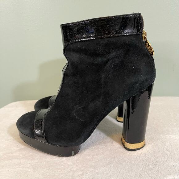 TORY BURCH Booties Womens 5.5 Suede Leather Zip Pull On Block High Heel Black - Picture 7 of 13
